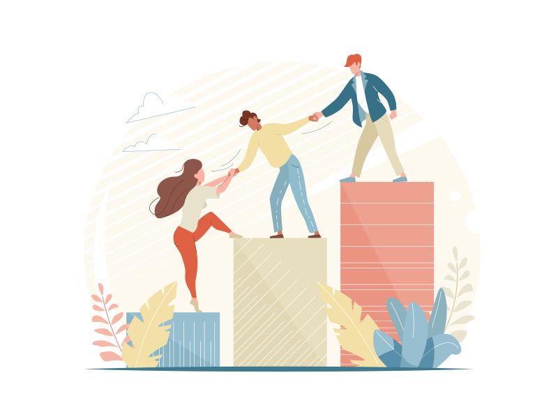 illustration of people on boxes reaching out to help eachother