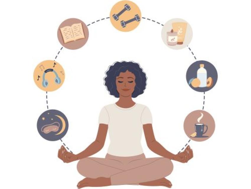 illustration of a person sitting down with health options floating around their head