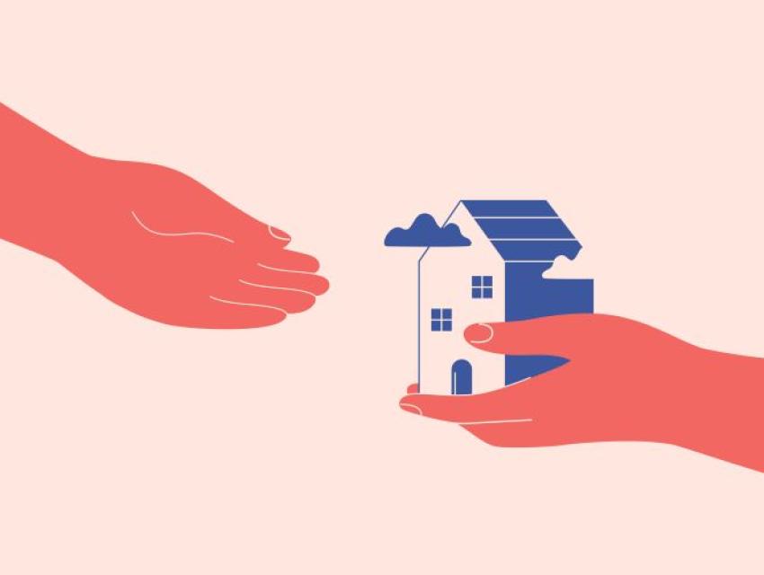 illustration of one hand passing another hand a house